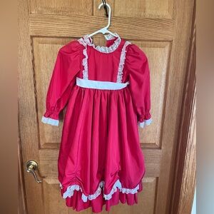 Vintage homemade frilly lace trimmed red dress